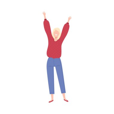 Blonde Girl with Raising Hands, Female Character Having Fun or Celebrating Success Flat Vector Illustration