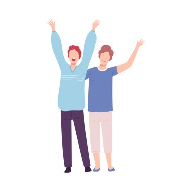Young Men with Raising Hands, Faceless Male Characters Dancing at Party, Having Fun or Celebrating Success Flat Vector Illustration