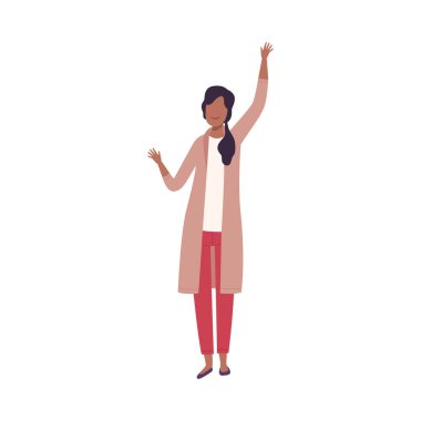 Young Woman Standing with Raising Hands, Female Character Having Fun or Celebrating Success Flat Vector Illustration