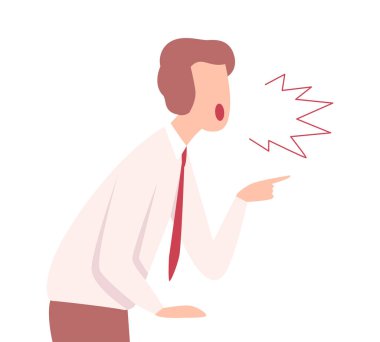 Furious Businessman Character Yelling Pointing with His Finger Flat Vector Illustration