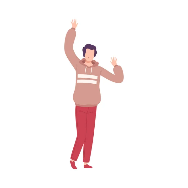 Young Man Standing with Raising Hands, Male Character Dancing at Party, Having Fun or Celebrating Success Flat Vector Illustration — ストックベクタ