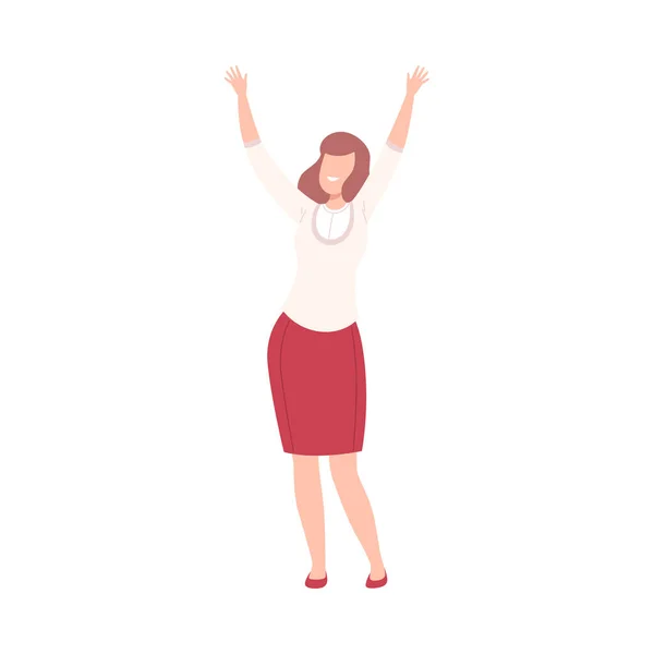 Sorrindo jovem mulher de pé com as mãos levantando, menina dançando na festa, se divertindo ou celebrando o sucesso plana Vector Ilustração — Vetor de Stock