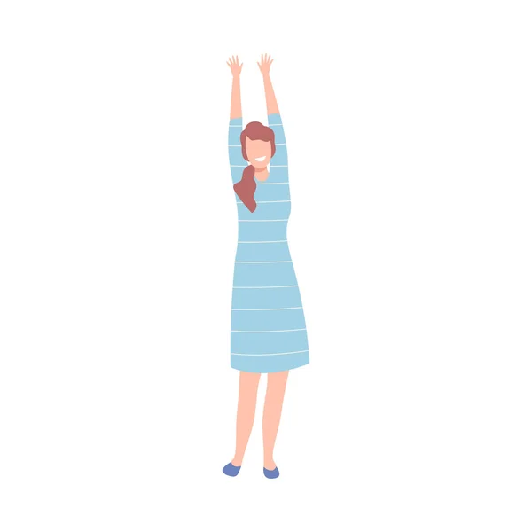 Beautiful Woman in Light Blue Dress with Raising Hands, Female Character Dancing at Party, Having Fun or Celebrating Success Flat Vector Illustration — Stock vektor