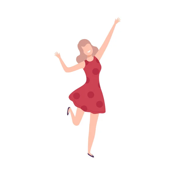 Girl in Red Dress with Raising Hands, Female Character Dancing at Party, Having Fun or Celebrating Success Flat Vector Illustration — 스톡 벡터