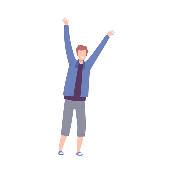 Ragazzo in piedi con alzando le mani, personaggio maschile Divertimento o celebrare il successo piatto vettoriale illustrazione — Vettoriale Stock