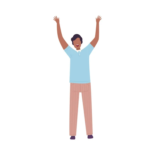 Smiling Man Standing with Raising Hands, Male Character Having Fun or Celebrating Success Flat Vector Illustration — 스톡 벡터