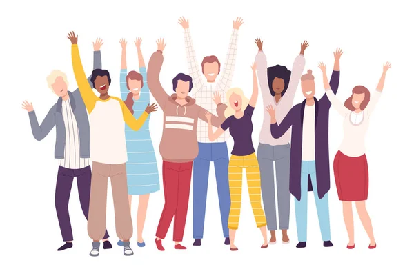 Group of People Standing with Raising Hands, Young Men and Women Having Fun or Celebrating Success Flat Vector Illustration — ストックベクタ