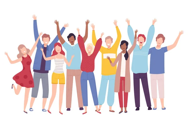 Group of People Standing Together with Raising Hands, Happy Young Men and Women Having Fun or Celebrating Success Flat Vector Illustration — Stockvector