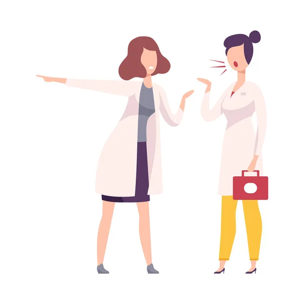 Furious Colleagues Arguing and Shouting, Two Female Doctors Characters Yelling at Each Other Flat Vector Illustration — Stock Vector