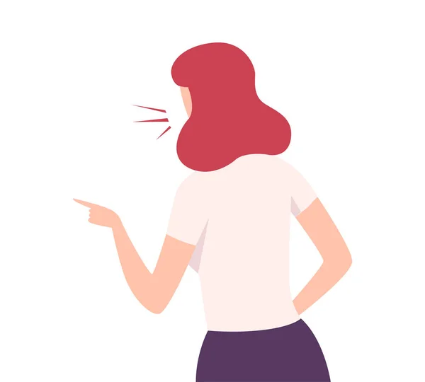 Rude Angry Woman Character Yelling and Pointing with Her Finger, View From Behind Flat Vector Illustration — Stok Vektör