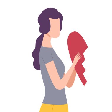 Brunette Young Woman Holding Half of Broken Heart, Lonely and Sad Girl Character Flat Vector Illustration