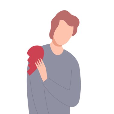 Lonely Frustrated Man with Half of Broken Heart, Unrequited Love Flat Vector Illustration