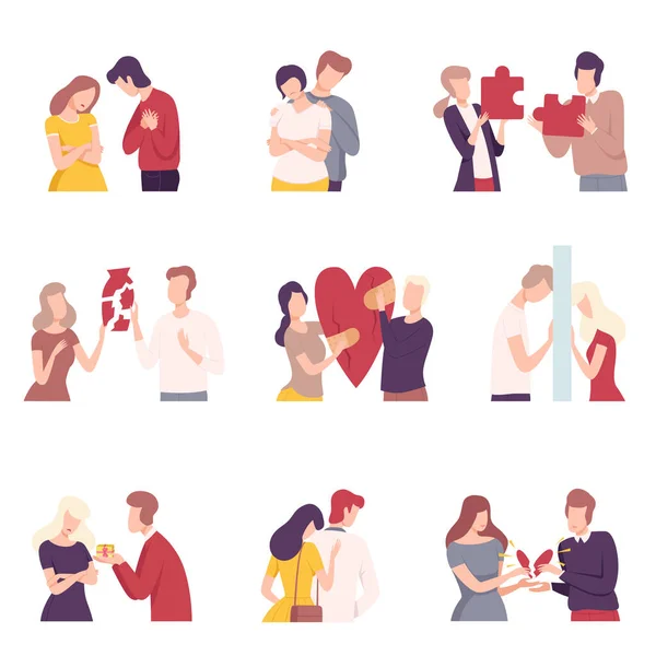 People Trying to Save Love and Friendship Set, Couple Trying to Connect Broken Heart Flat Vector Illustration — Stockvector