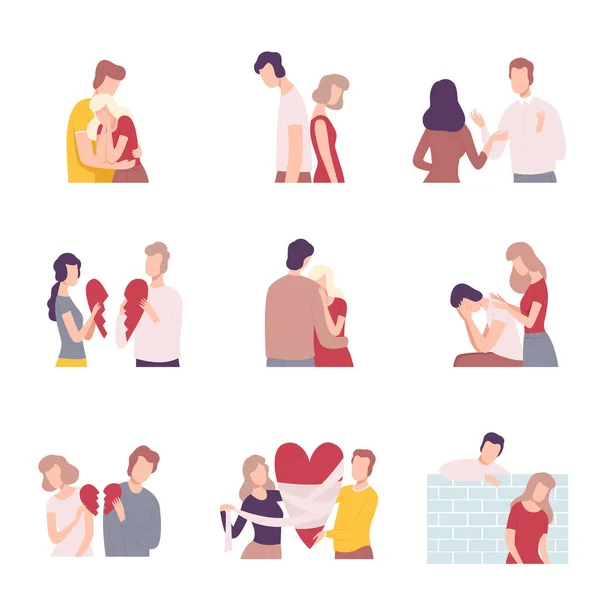 Couples Trying to Save Love and Friendship Collection Flat Vector Illustration — Stock Vector