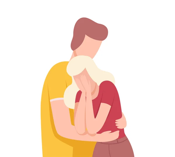 Young Man Hugging Crying Girl, People Trying to Save Love and Friendship Flat Vector Illustration — Διανυσματικό Αρχείο