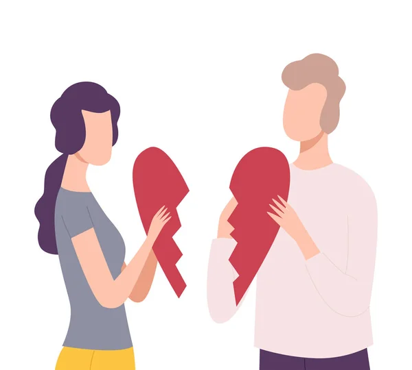 Young Man and Woman Trying to Connect Pieces Of Broken Heart, People Trying to Save Love and Friendship Flat Vector Illustration — Stok Vektör