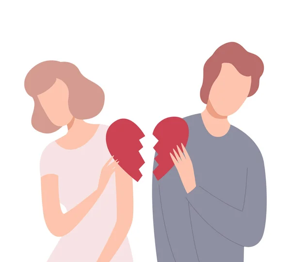 Jovem e Mulher com Coração Quebrado, Pessoas Tentando Salvar o Amor e a Amizade Ilustração vetorial plana —  Vetores de Stock