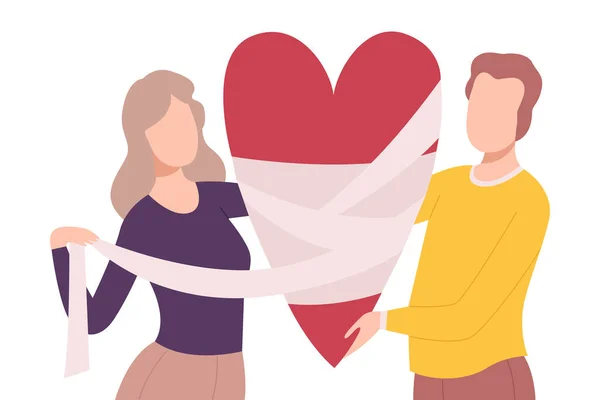 Young Man and Woman Bandaging Broken Heart, People Trying to Save Love and Friendship Flat Vector Illustration — Stockový vektor