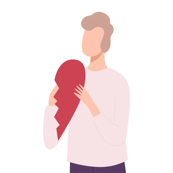 Jeune homme seul tenant la moitié du cœur brisé, personnage de fille solitaire et triste Illustration vectorielle plate — Image vectorielle