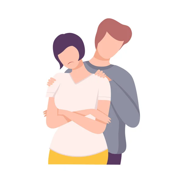 Young Man Hugging Upset Girl with Folded Hands, People Trying to Save Love and Friendship Flat Vector Illustration — Stockový vektor