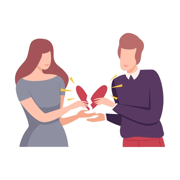 Jovem Homem e Mulher Segurando Coração Quebrado, Pessoas Tentando Salvar Amor e Amizade Flat Vector Ilustração — Vetor de Stock