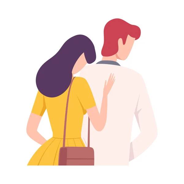 Young Woman Hugging Upset Man, View from Behind, People Trying to Save Love and Friendship Flat Vector Illustration — Stok Vektör