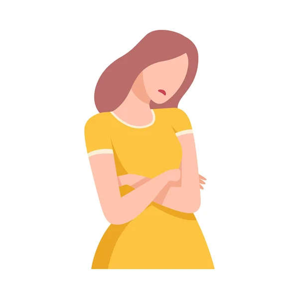 Frustrated Young Woman in Yellow Dress Standing with Folded Hands Flat Vector Illustration — ストックベクタ