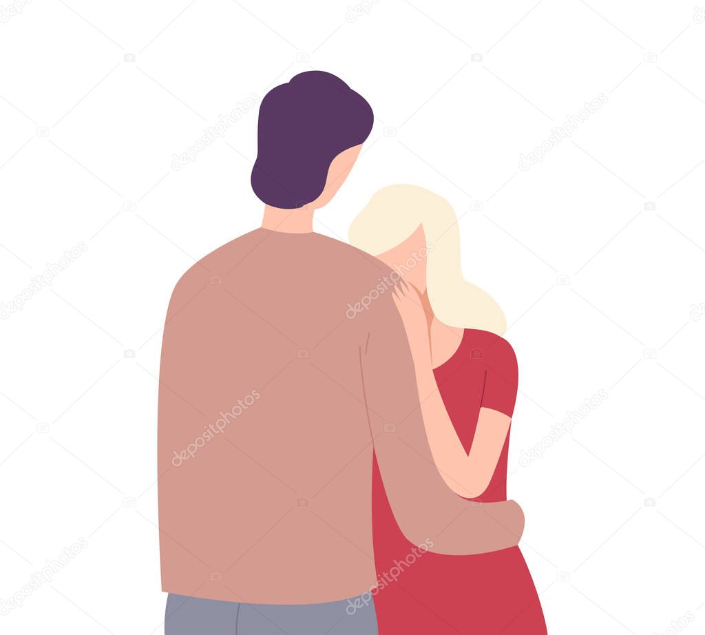 Young Man and Woman Hugging , People Trying to Save Love and Friendship Flat Vector Illustration