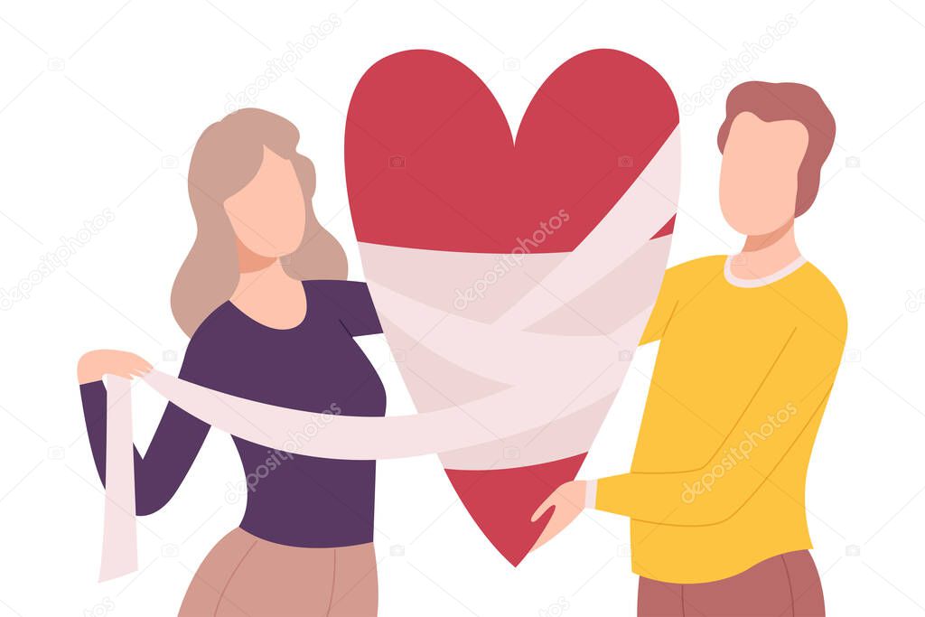 Young Man and Woman Bandaging Broken Heart, People Trying to Save Love and Friendship Flat Vector Illustration