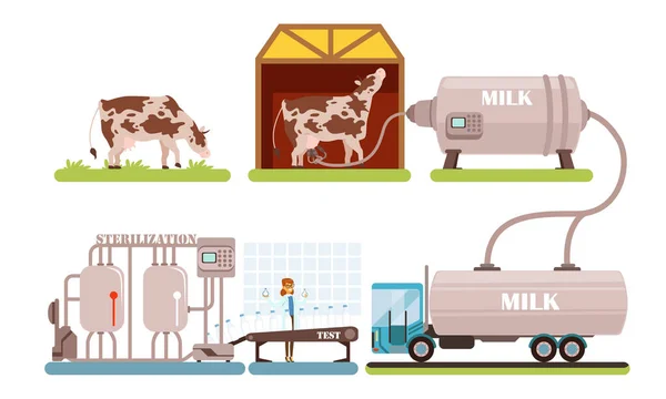 Industriële productie van melkset, verwerking van natuurlijke zuivelproducten Stappen Vector Illustratie op witte achtergrond — Stockvector