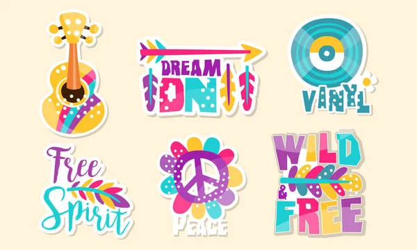 Colección de parches hippie retro, lindos coloridos pegatinas brillantes Vector Ilustración — Archivo Imágenes Vectoriales