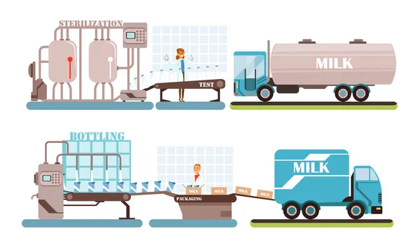 Průmyslová výroba mléčné soupravy, zpracování přírodního mléčného výrobku Vektorové ilustrace — Stockový vektor