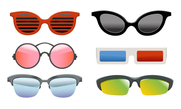 Collezione di occhiali da sole colorati di diverse forme, Occhiali moderni e retrò, Illustrazione vettoriale di occhiali 3d — Vettoriale Stock