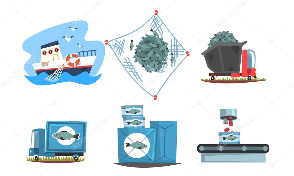 Industrial Production of Seafood Steps Set, Fishing Vessel and Factory Equipment Vector Illustration