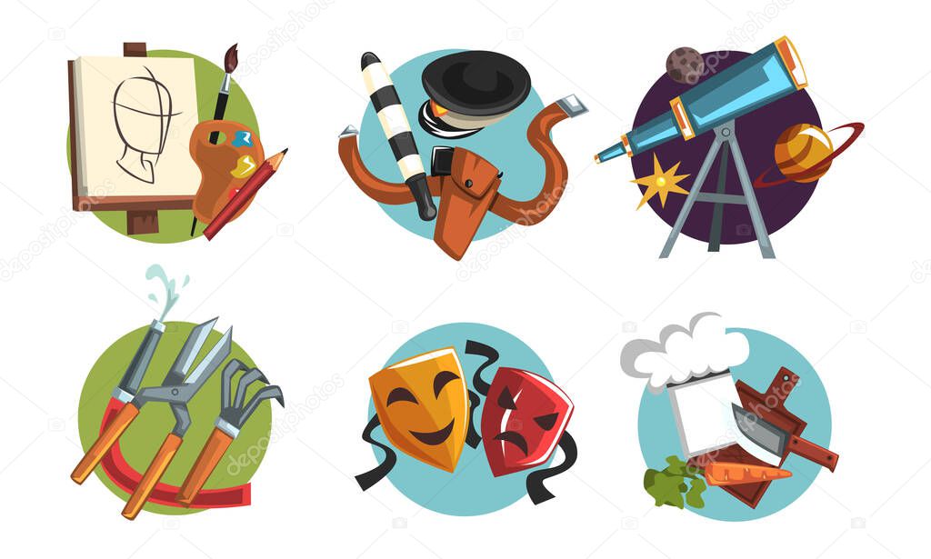 Symbols of Various Professions Collection, Artist, Policeman, Astronomer, Gardener, Actor, Chef Cook Signs Vector Illustration on White Background