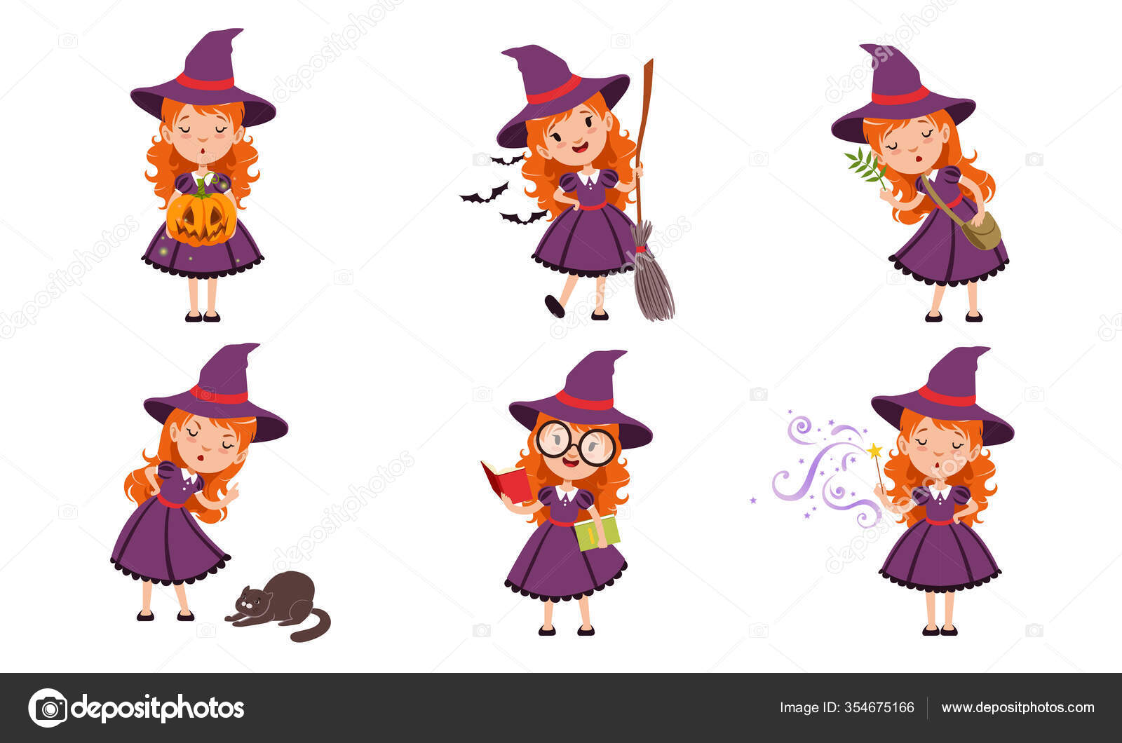 可爱的小魔女卡通人物系列 紫色衣服中可爱的红头发女孩和帽子病媒图解 图库矢量图像 C Topvectors