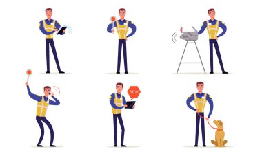 Üniformalı Polis Koleksiyonunda Trafik Polisi Kavşakta Duran ve Elleri Vector Resimleriyle İşaretler Yapan Polis