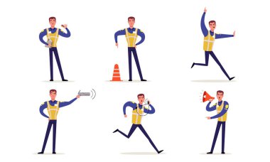 Üniforma Koleksiyonunda Erkek Trafik Memuru, Kavşakta duran ve elleriyle işaret yapan Polis memuru