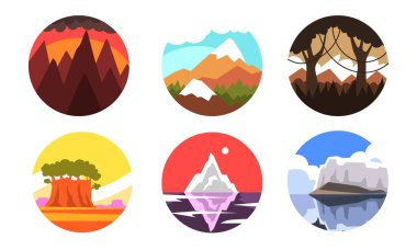 Daireler halinde Vahşi Doğa Manzaraları Toplama, Günün Farklı Zamanlarında Güzel Manzaralar Vektör ResimleriComment