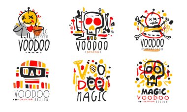 Voodoo Orijinal Tasarım Logo Koleksiyonu, Afrika ve Amerikan Sihirli El Rozet Çizim Vektörü İllüstrasyonu