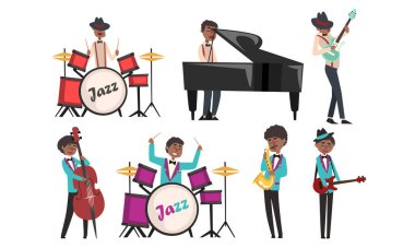Jazz Grubu, Afrikalı Amerikan Müzisyen ve Şarkıcılar Şarkı Söylüyor ve Çalıyor Farklı Müzik Enstrümanları Vector Illustration