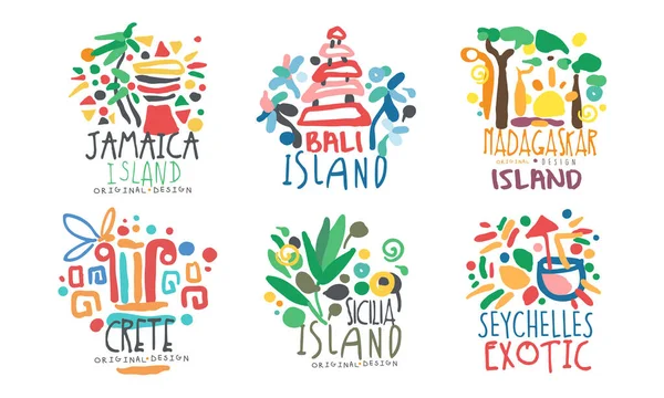 Tropical Exotic Islands Logo Design, Jamaika, Bali, Madagascar, Crete, Sicilia, Seychelles Vector Illustration — Stock Vector