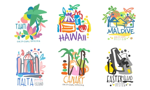 Tropische exotische Inseln Logo Design, Tahiti, Hawaii, Malediven, Malta, Kanaren, Ostern Vektor Illustration — Stockvektor