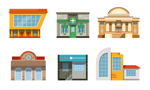 Kolekcja fasad budynków publicznych, City Street Architectural Elements Ilustracja wektorowa — Wektor stockowy