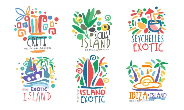 Ilhas Exóticas Tropicais Logo Design, Creta, Sicilia, Seychelles, Ibiza Vector Illustration —  Vetores de Stock