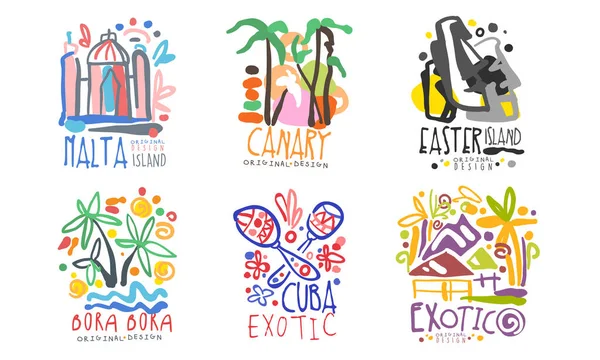 Tropische exotische Inseln Logo Design, Malta, Kanarische Inseln, Ostern, Bora Bora, Kuba, Vektorillustration — Stockvektor
