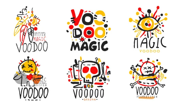 Colección de logotipos de diseño original de vudú mágico, insignias dibujadas a mano de cultura africana o americana Vector Illustration — Archivo Imágenes Vectoriales