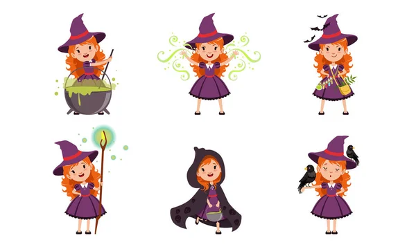 Mooie kleine heks cartoon karakter collectie, schattig rood harig meisje in paarse jurk en hoed vector illustratie — Stockvector