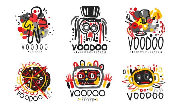 Voodoo Original Design Logo Collection, Afrikai vagy Amerikai Kultúra Kézzel rajzolt jelvények vektor illusztráció — Stock Vector