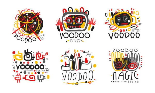 Voodoo eredeti design logó gyűjtemény, afrikai vagy amerikai mágia kultúra kézzel rajzolt jelvények vektor illusztráció — Stock Vector